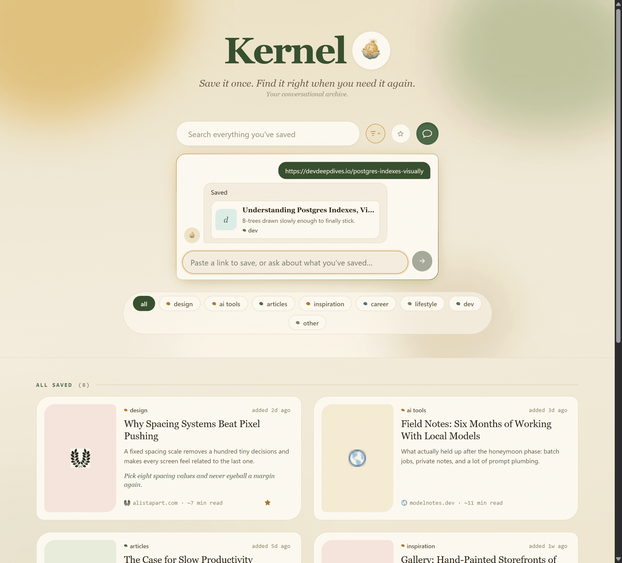 The Kernel library: saved links distilled into cards across eight categories