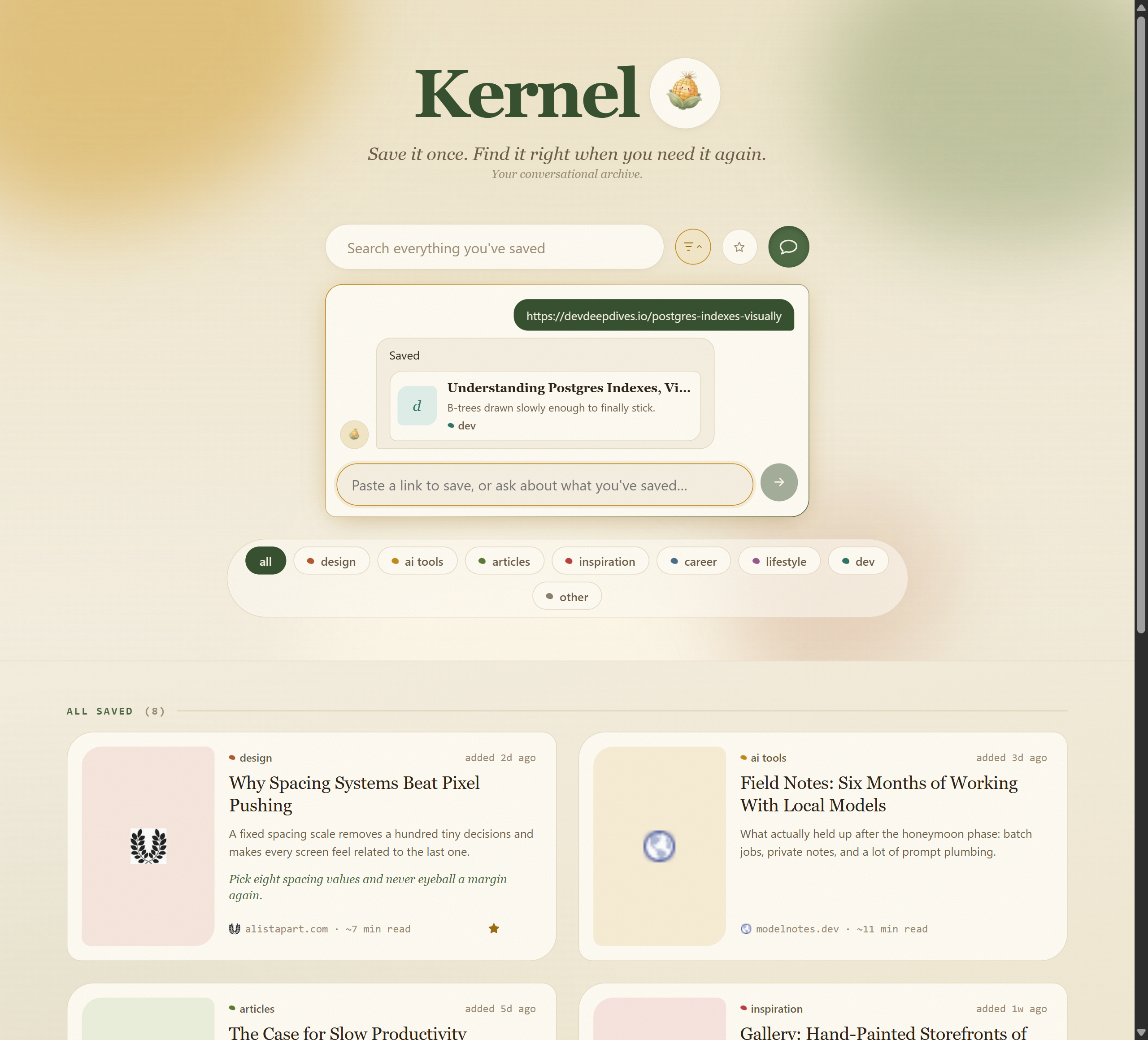 The Kernel library: saved links distilled into cards across eight categories