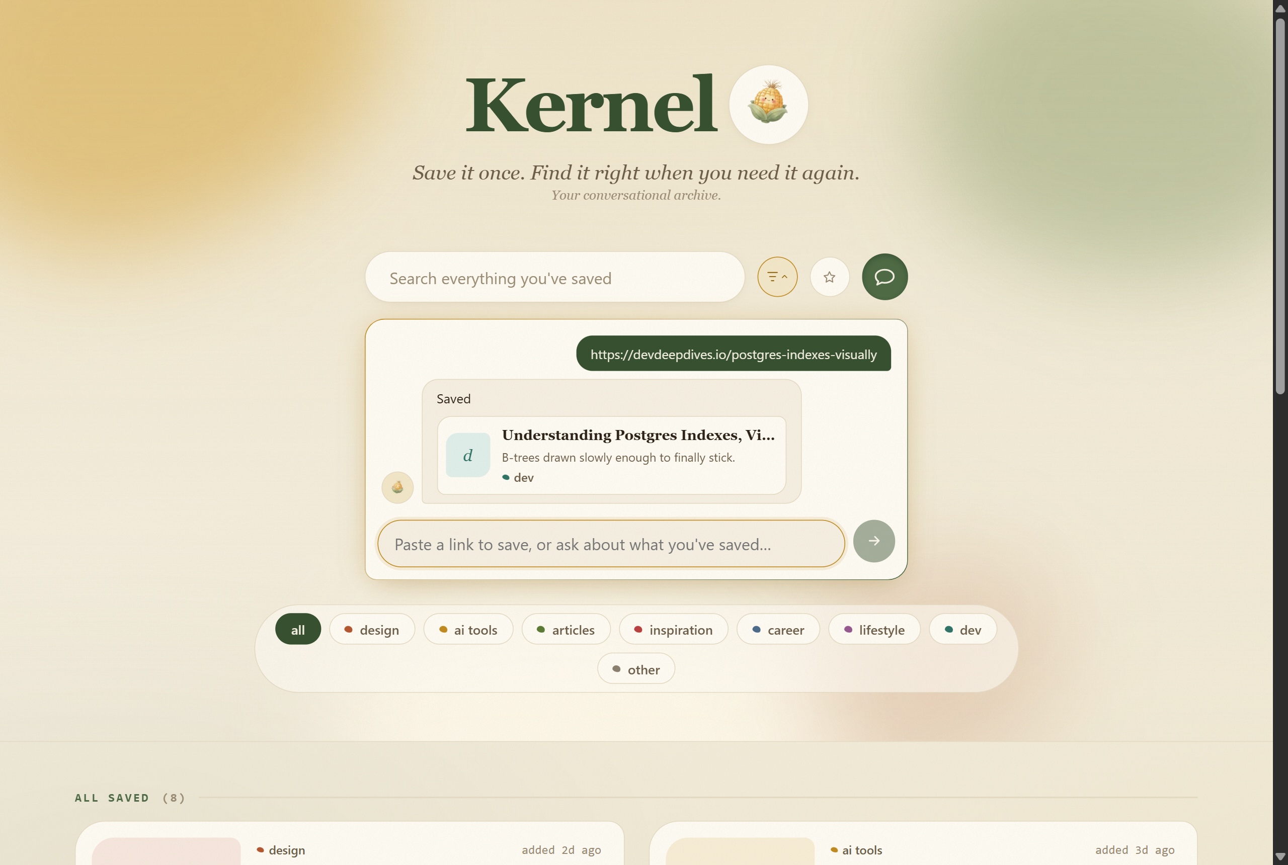 Saving a link through Kernel's chat panel