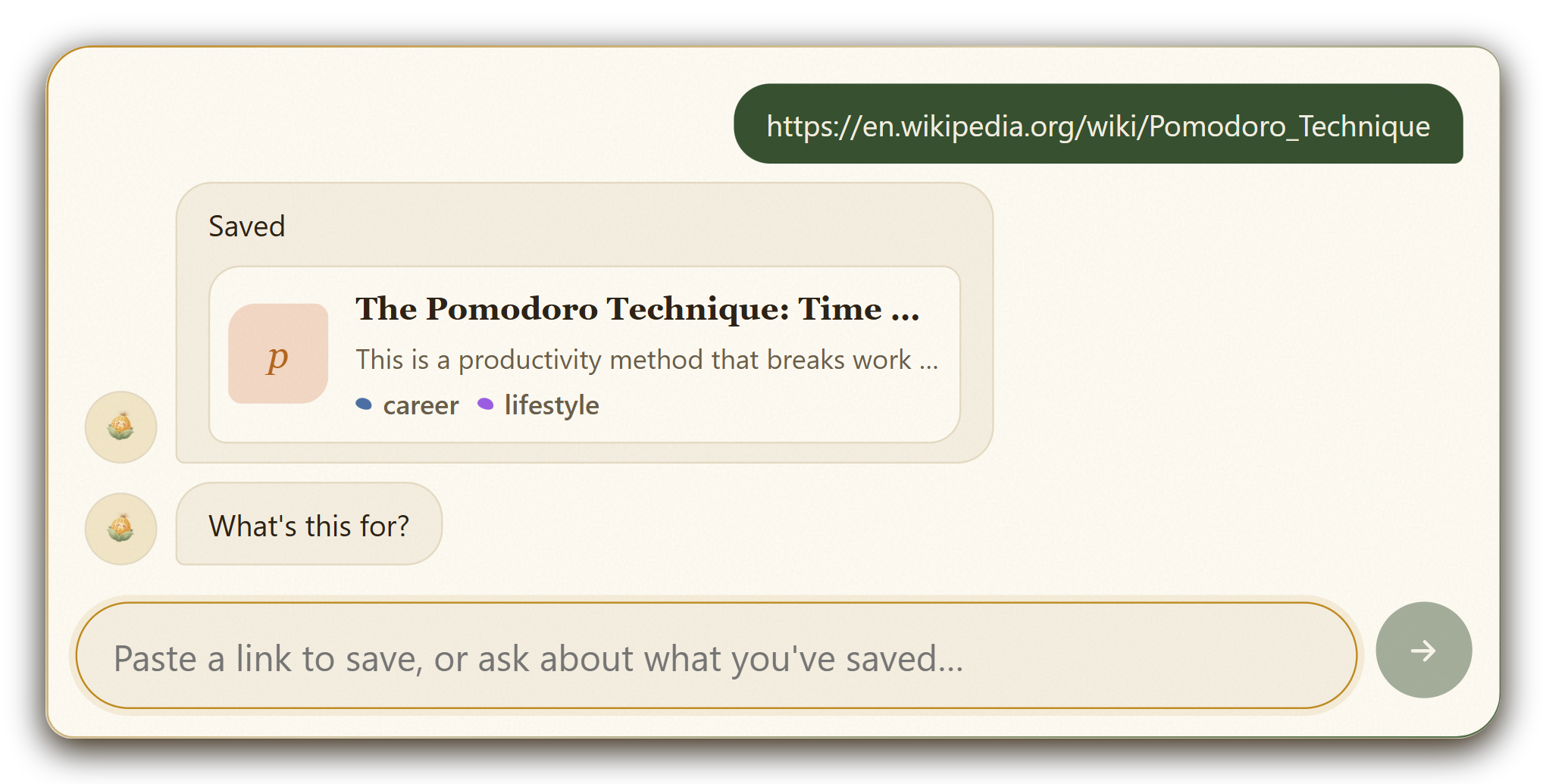 A link pasted into Kernel's chat, followed by the saved card with title, summary, and category